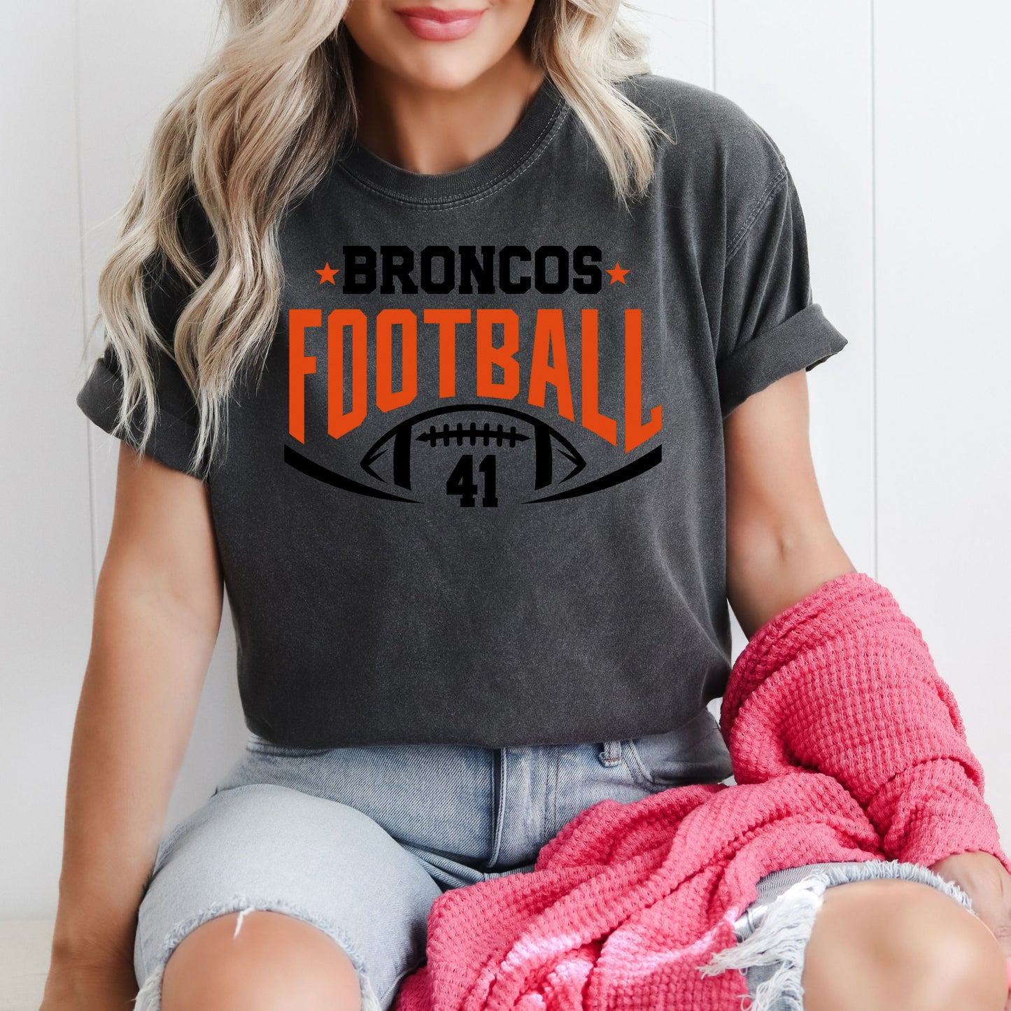 Broncos Football with Number Sun Washed Collection π 100% Pigment Dyed Cotton Tees