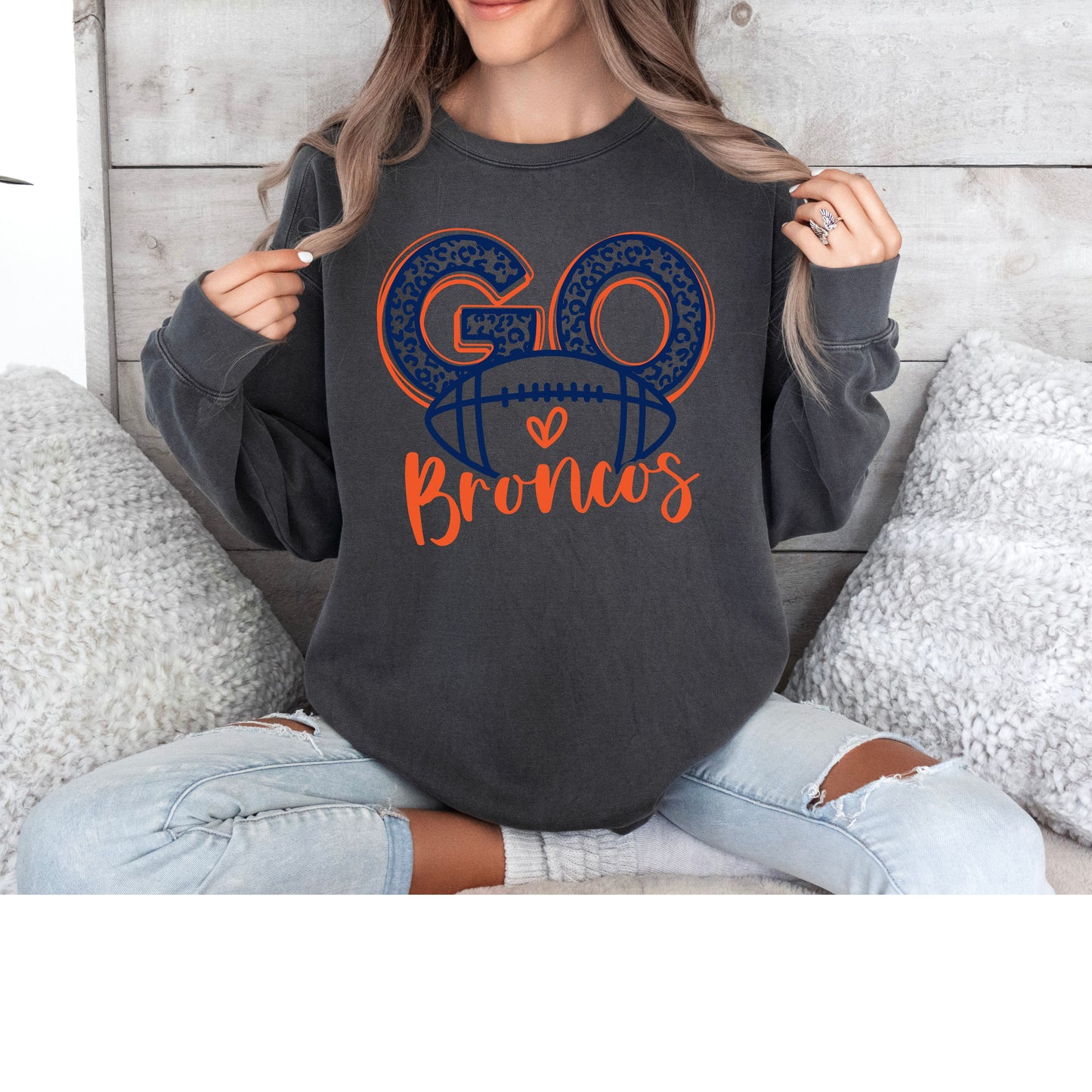 Go Broncos Heart Vintage Wash Hoodie or Crew