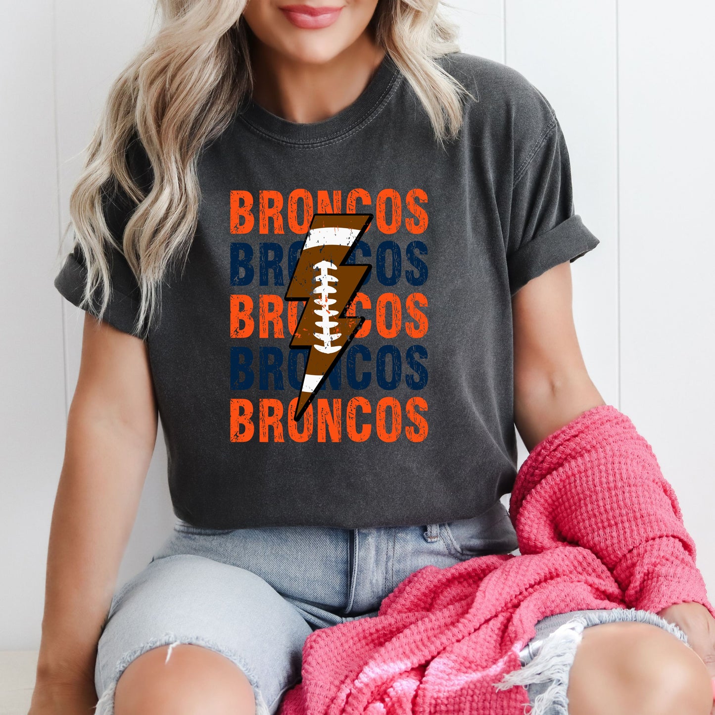 Broncos Repeat Football Lightning Sun Washed Collection 🌞 100% Pigment Dyed Cotton Tees