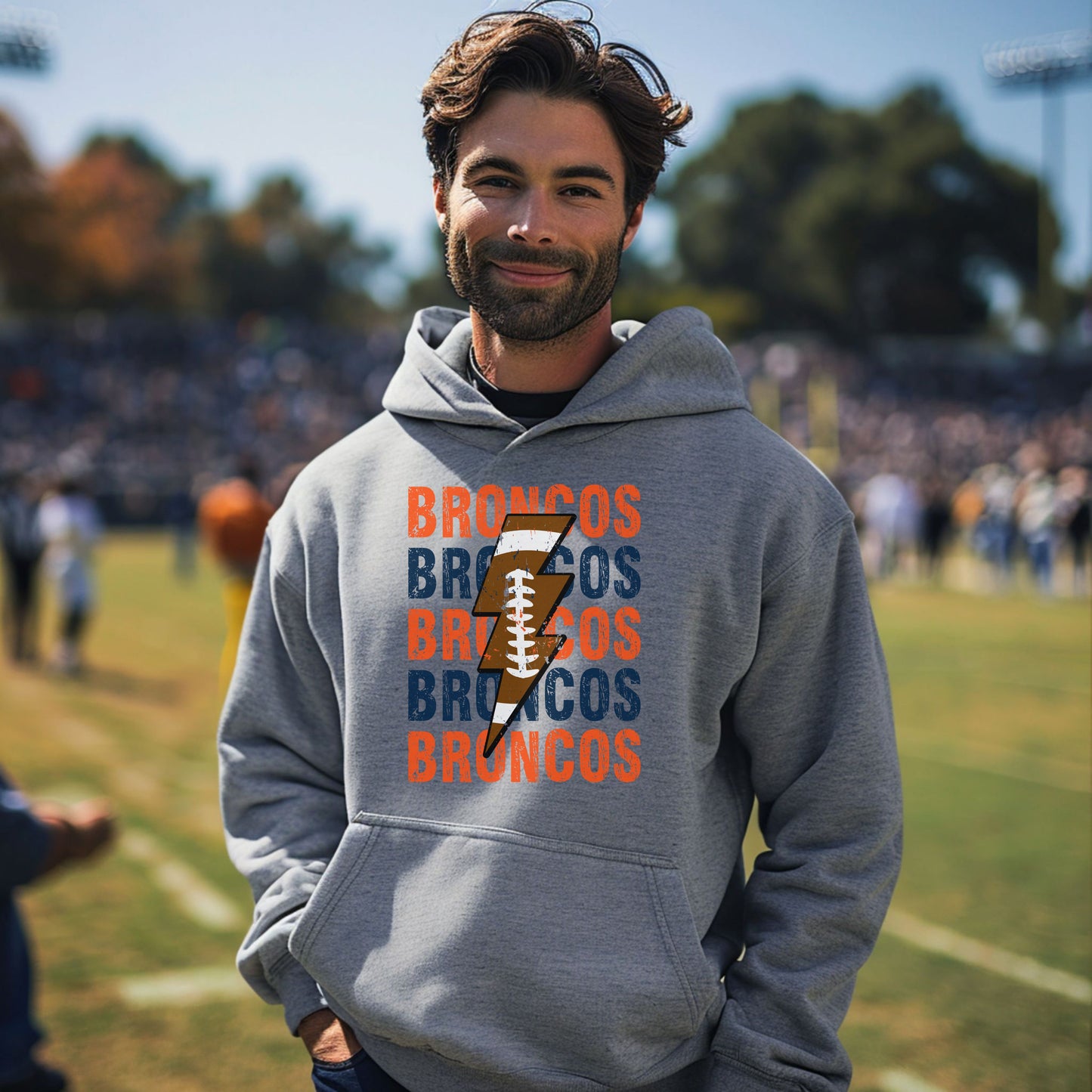 Broncos Repeat Football Lightning Vintage Wash Hoodie or Crew