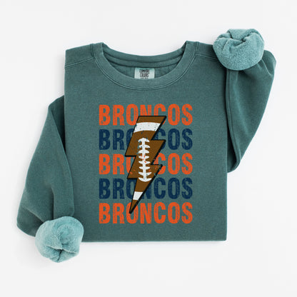 Broncos Repeat Football Lightning Vintage Wash Hoodie or Crew