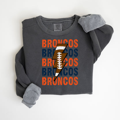 Broncos Repeat Football Lightning Vintage Wash Hoodie or Crew