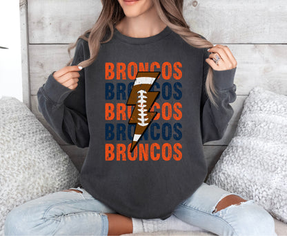 Broncos Repeat Football Lightning Vintage Wash Hoodie or Crew
