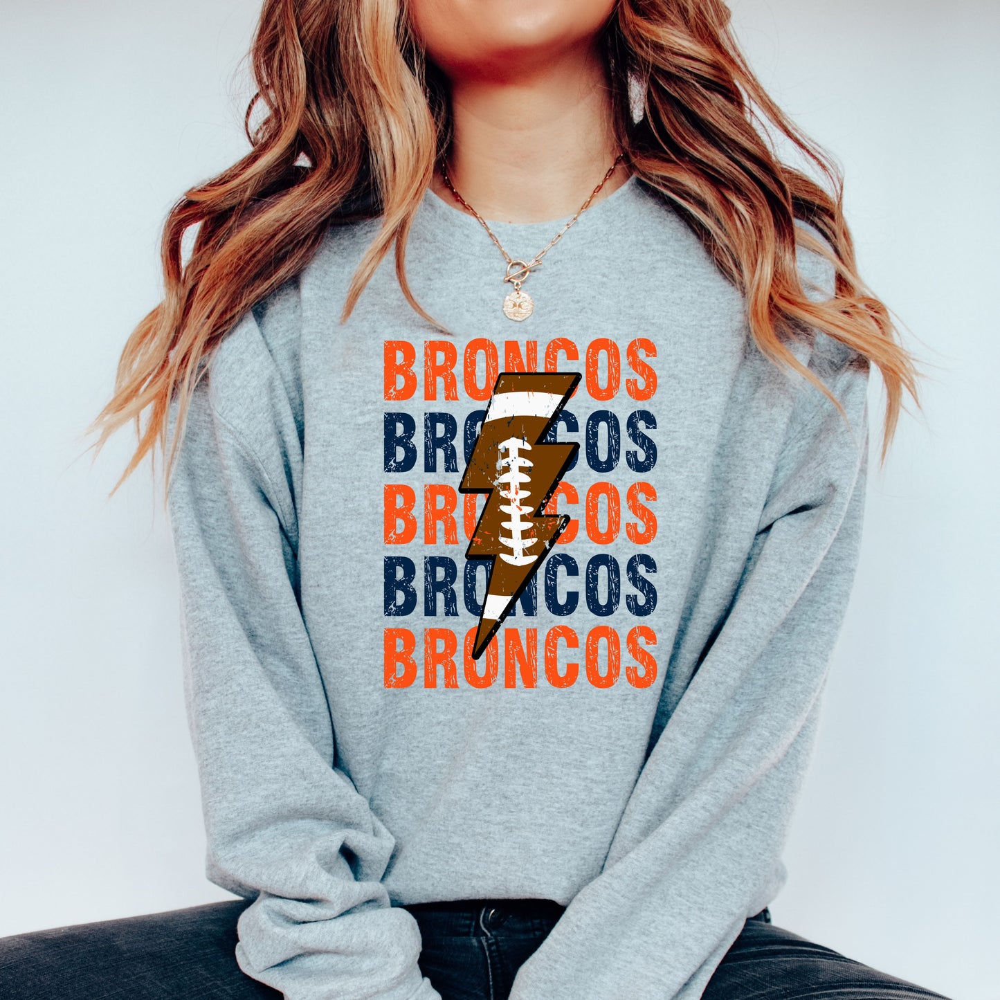 Broncos Repeat Football Lightning Plush Hoodie or Crew