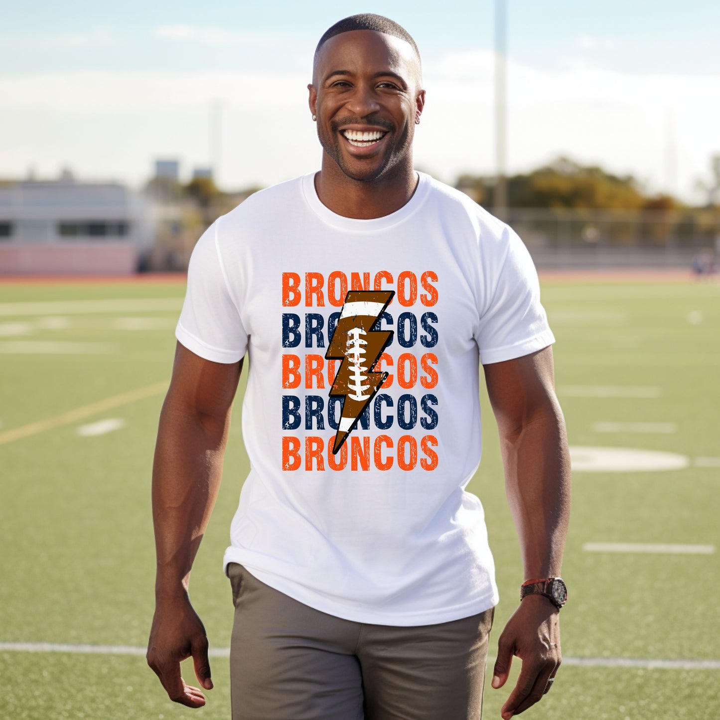 Broncos Repeat Football Lightning Tri Blend Adult Tee